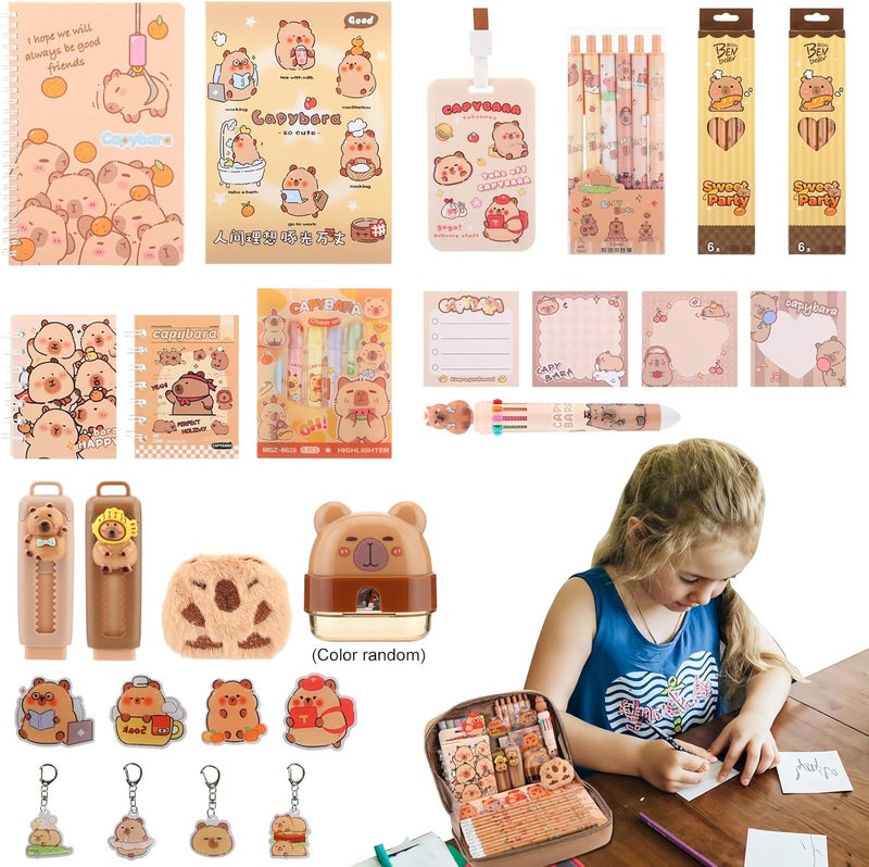 Lebaley Capybara Gifts - 27PCS Capybara Pencil Case，Capybara Stationery Set，Cute Back to School School Supplies，Pencil Bag include Gel Pens Pencil Sticky Notes Pins Notebook Card Holder Key Chain - Image 3